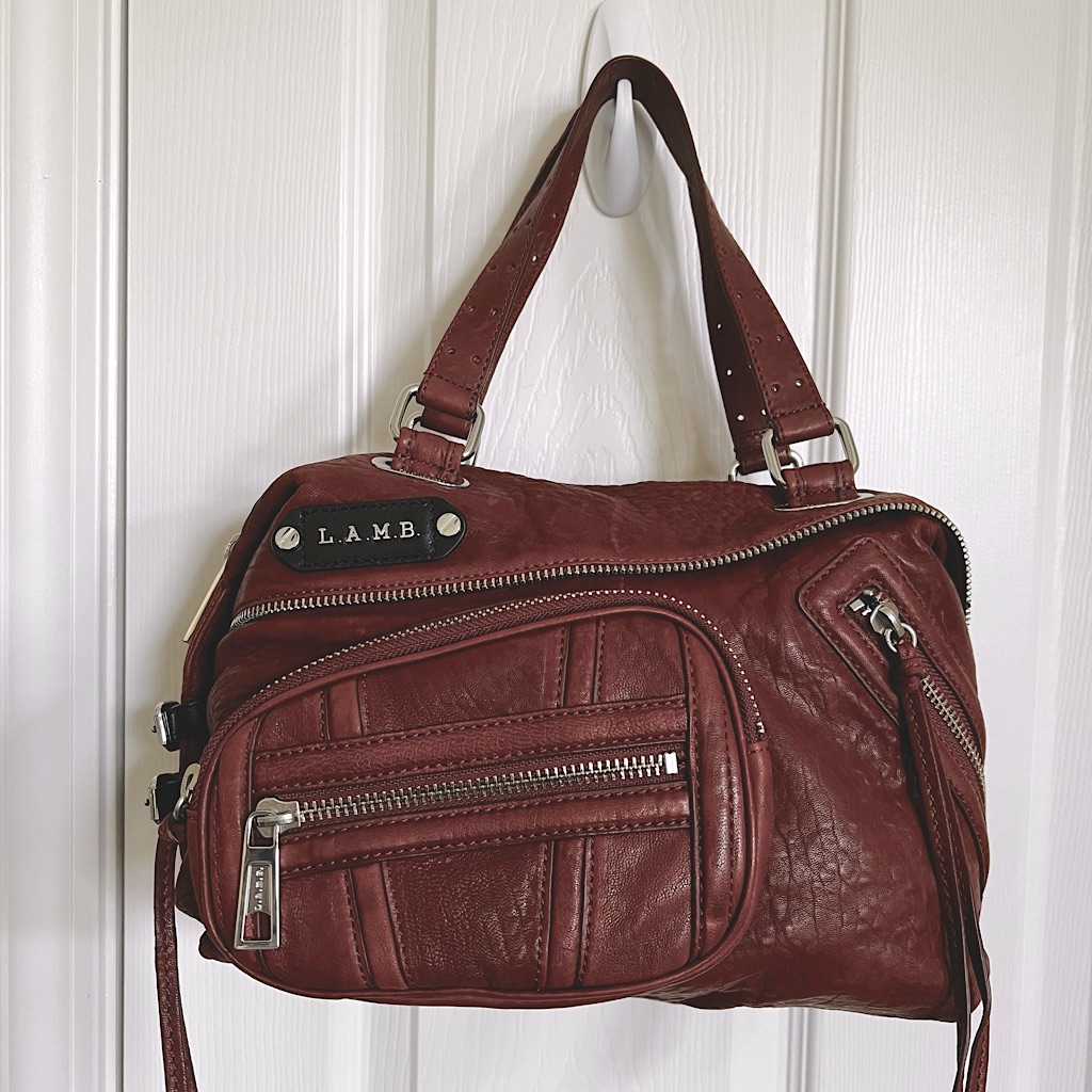 L.A.M.B, Gwen Stefani-Vane-Multi-Zipped Wine/Burgundy Pebbled Leather Satchel.